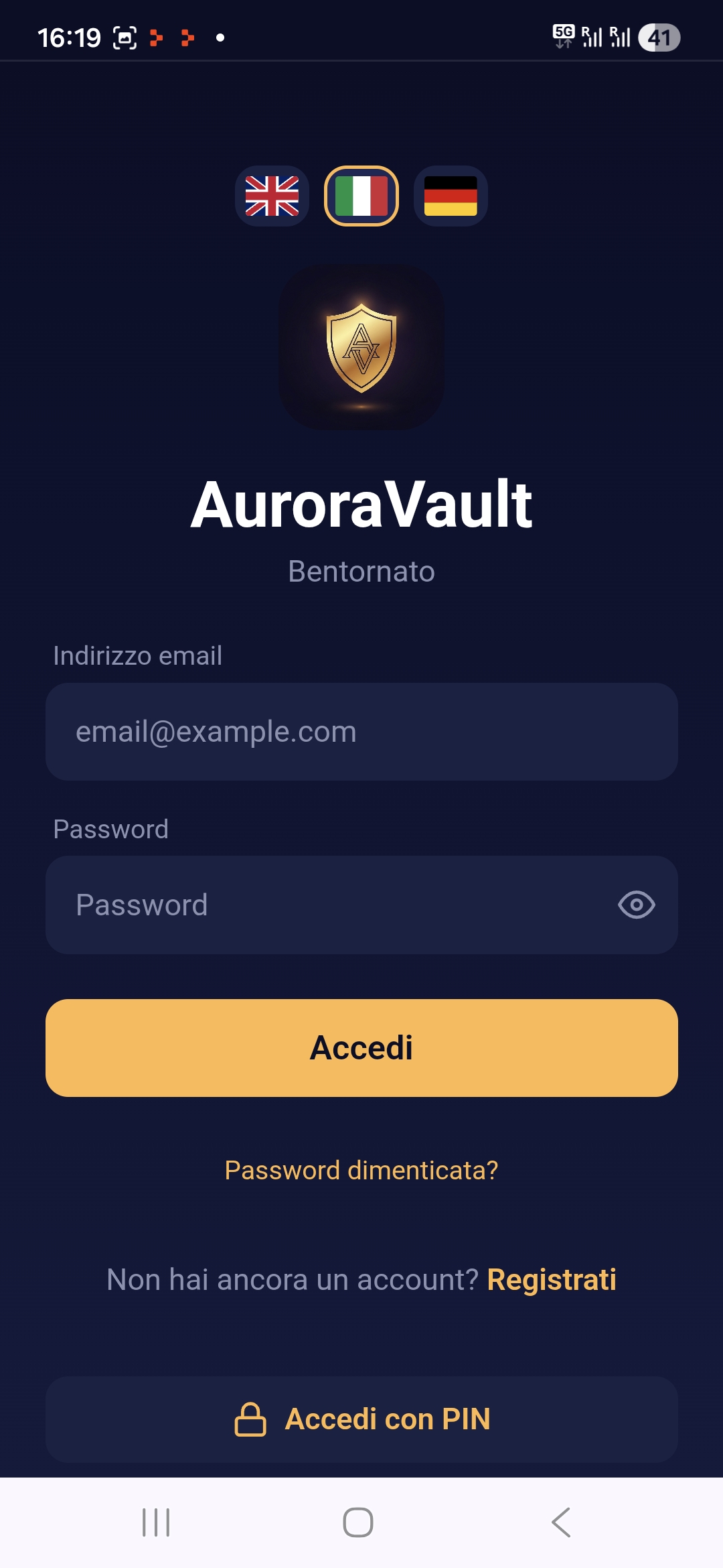 AuroraVault login - Accesso sicuro con email e password, selezione lingua IT/DE/EN