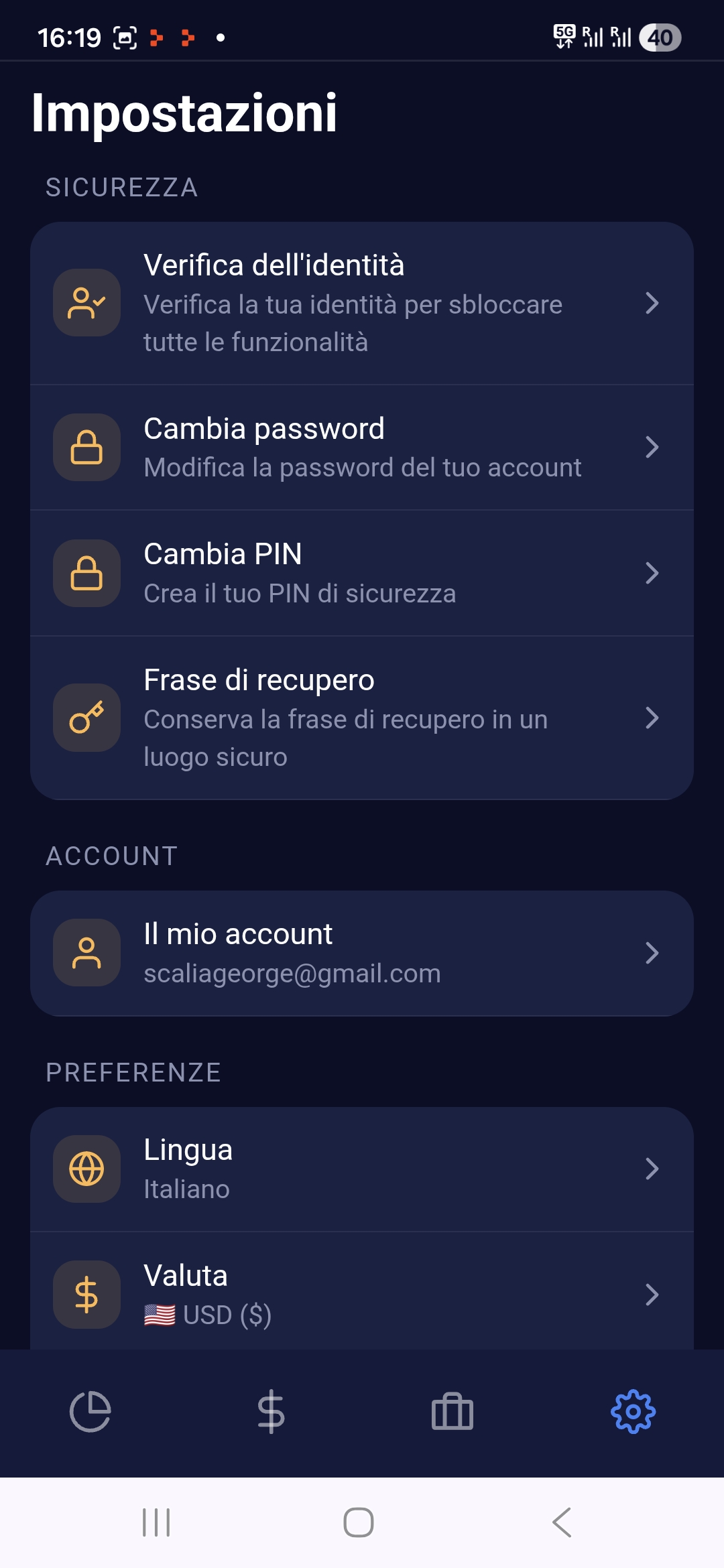 AuroraVault impostazioni - KYC, password, PIN, frase di recupero, lingua, valuta
