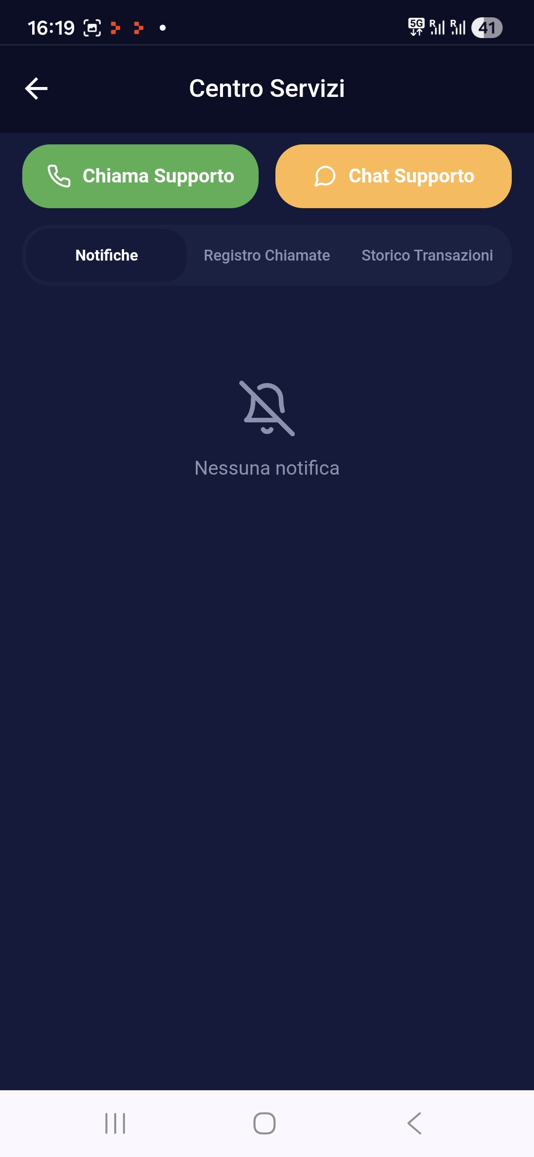 AuroraVault centro servizi - Chiama supporto, chat supporto, notifiche, registro chiamate